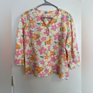 Classic Christopher& Banks Floral Women's Linen Blend Top - Pink and Orange Sz L